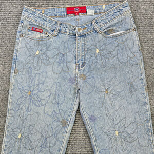 Y2K Floral Embroidered Flare Jeans Womens 28x32 Low Rise Boho Festival
